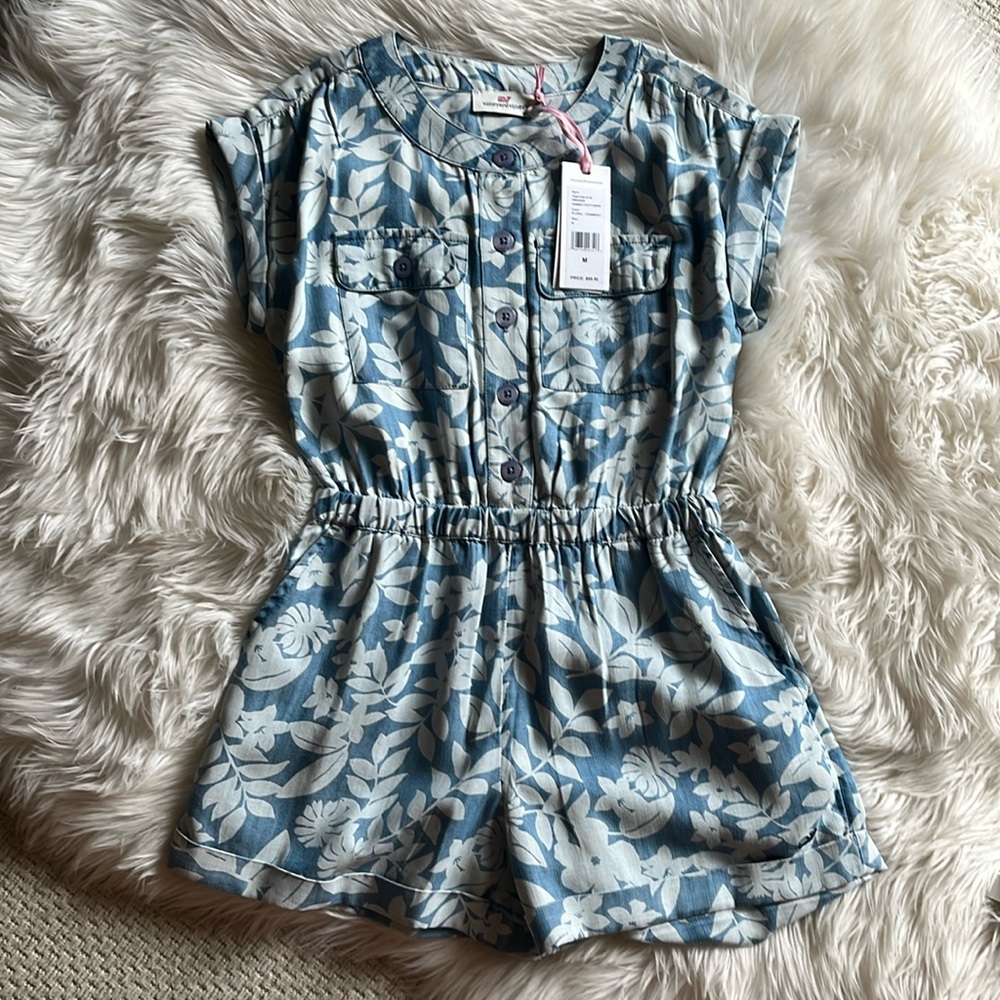 Vineyard Vines Chambray Utility Romper Girls M Blue White Floral Elastic Waist